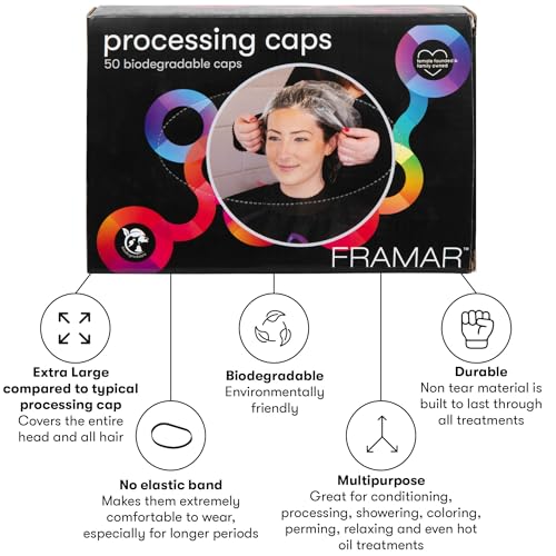 FRAMAR XL Processing Caps For Hair Color - Disposable Shower Caps For Women, Hair Coloring Cap, Processing Cap Disposable, Salon Essentials – No Elastic Trim – 50 Count