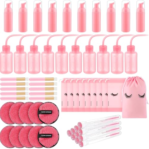 60 Pcs Lash Shampoo Brushes Set 10 Lash Shampoo Brushes 10 Mascara Tubes and Wands 10 Foam Pump Bottle 10 Cleaning Rinse Bottles 10 Makeup Remover Pad 10 Aftercare Drawstring Bag(Pink)