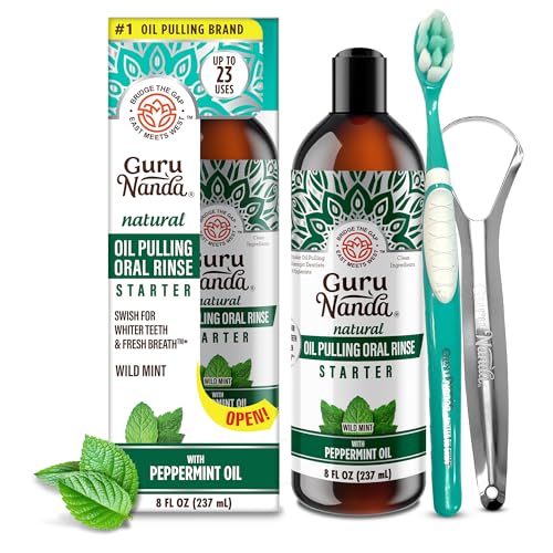 GuruNanda Starter Pulling Oil Mouthwash for Natural Teeth Whitening, Coconut and Peppermint Oil for Fresh Breath & Happy Gums, Alcohol-Free, 8 Oz