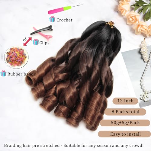 French Curl Braiding Hair 12Inch 8Packs French Curl Crochet Braids Short Curly Crochet Hair Skin-friendly Bouncy Synthetic knotless Braiding Extensions(1B/33/30, 12inch)