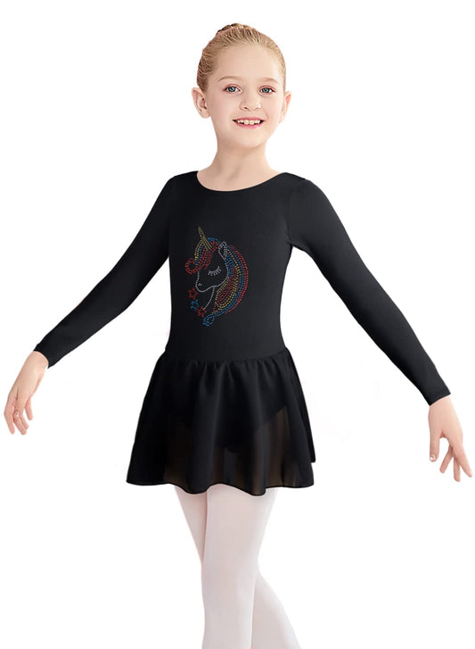Girls Gymnastics Leotards Long Sleeves Ballet Tutu Dance Dress 2t 3t Black Unicorn Gymnastic Skirt(Baby Girls/Toddler Girls/Big Girls) (Black Unicorn, 2-3T)