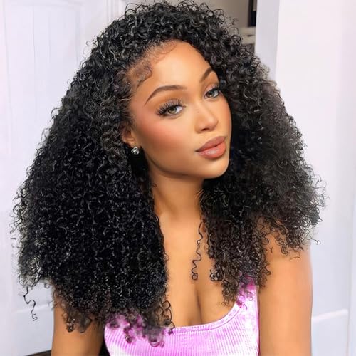Half Wig Human Hair 200 Density Kinky Curly Half Wig 3 In 1 Seamless Flip Over Glueless Wigs Human Hair with Drawstring Beginner Friendly Curly Wig Headband Wig for Women Daily Wear 20 Inch