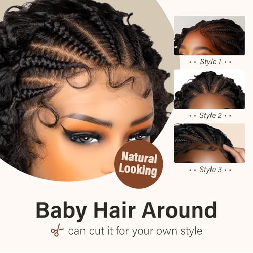 PROTEA Braided Wigs for Black Women, Lightweight Synthetic Handmade Braids Wig with Baby Hair, Braid Lace Wig with Curly End, 16 Inch #2 Natural Color