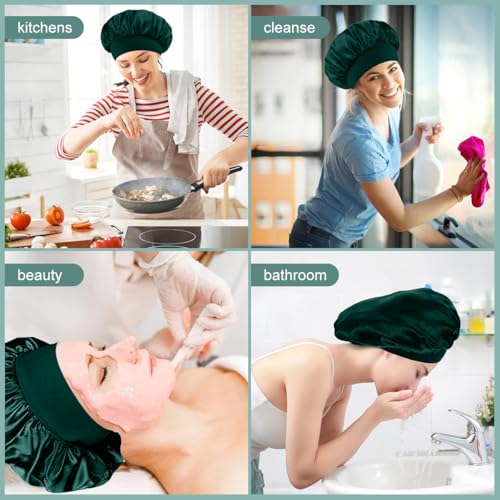 8 PCS Satin Hair Bonnet for Women | Elastic and Reusable Shower Hair Caps | Satin Bonnet for Sleeping Women, Shower Caps | Double Layers Hair Cap | Environmental Protection | 11.8 Inches, Dark Green