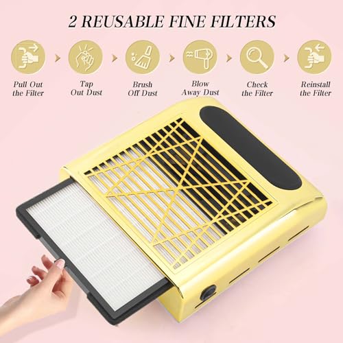Nail Dust Collector with 2 Reusable Filters & Brush, Powerful 80W Dust Collector Nail Tech for Profesional Beginner Acrylic Nail Polishing, Vacuum Fan Dust Suction Machine for Salon & Home
