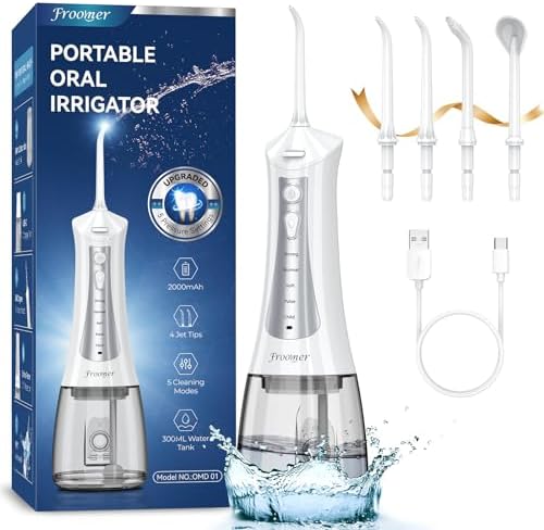 Froomer Cordless Water Flosser – Rechargeable Portable Electric Water Flosser for Teeth, Braces, 5 Modes, IPX7 Waterproof, Travel Friendly, 300ml, White