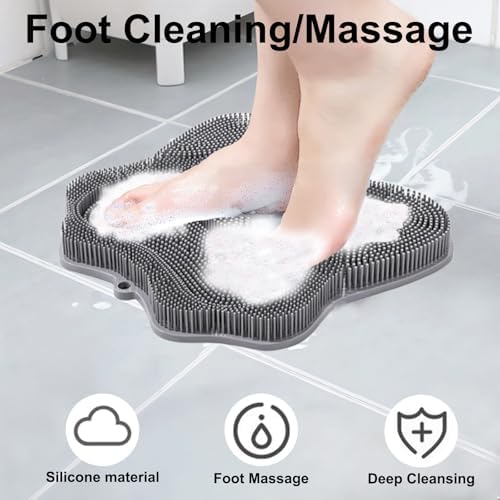 Shower Foot Scrubber, Shower Foot and Back Scrubber with Suction Cups, Shower Silicone Foot Washer for Exfoliating Massage（Grey）