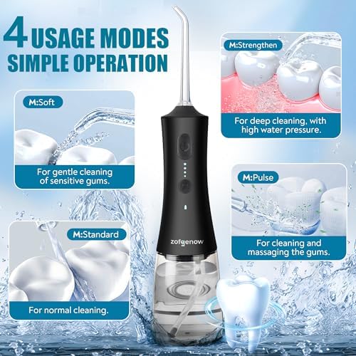 Cordless Water Dental Flosser for Teeth, 300ml Rechargeable Oral Irrigator Cleaning, 4 Modes & 6 Jet Tips, IPX7 Waterproof, Portable Dental Flosser for Braces & Travel, Black