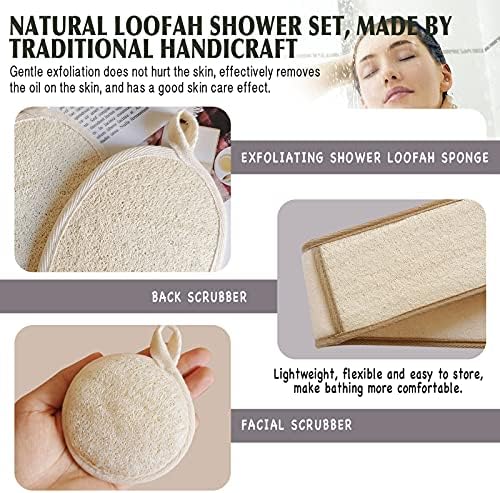 Natural Loofah Sponge Back Exfoliating Scrubber Combo Set, Seep Cleansing Skin and Facial Loofah Pad
