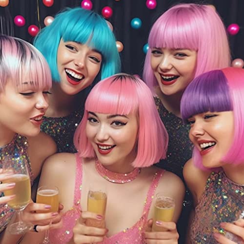 Short Bob Wig, 4 Pieces Colorful Wigs, 12" Cosplay Wigs with Flat Bangs, Neon Colored Wig for Women Party Favors Bachelorette Party Night Club with Extra Wig Cap