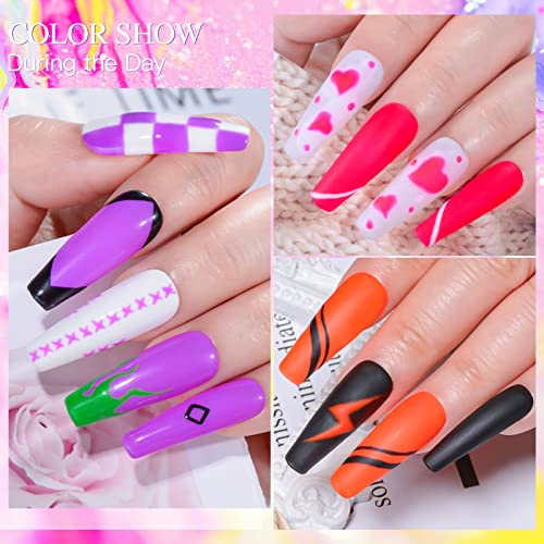 Glow in the Dark Gel Nail Polish, 6 Colors Luminous Neon Gel Polish Set Fluorescent Bright Colors Hot Pink Yellow Purple Glow Effect Soak Off UV Gel Polish for DIY Nail Art Design