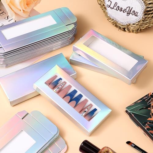 Noverlife 30PCS Empty Press on Nail Package with 30PCS Pullable White Paper Trays, False Nail Packaging Box with Clear Window, Nail Tip Package Boxes for Nail Salon Bussiness - Holographic