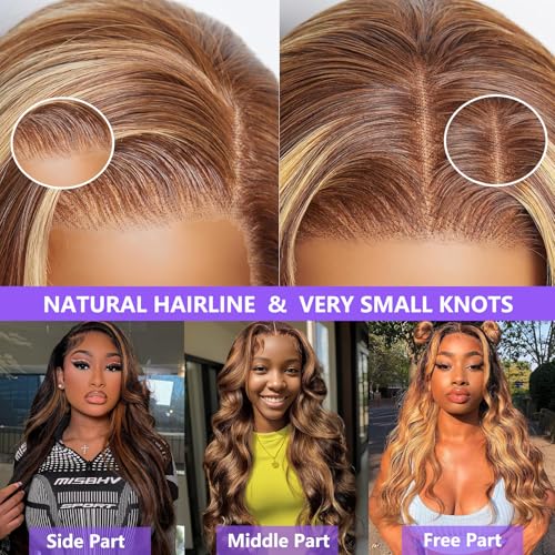 Honey Blonde Ombre Lace Front Wig Human Hair Highlight Body Wave 13X6 Lace Front Wigs Human Hair Pre Plucked HD Frontal 180 Density Glueless 4/27 Highlighted Human Hair Wig 26 Inch
