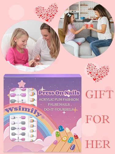 72 Pcs Press on Nails for Kids, Wsimily Lovely Children Fake Nails , 3 Pack False Nails Kit Colorful DIY Nail Art Decorations for Girls, with Jelly Nail Glue and Jelly Nail Adhesives Tools