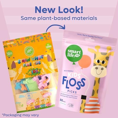 SmartLifeco Biodegradable* Kids Flossers - Unflavored Dental Floss Picks for Children, Fluoride & PFA Free, Straw Wheat Fun Animal Flossing Sticks for Toddlers Teeth, Eco Friendly Compostable*, 200x