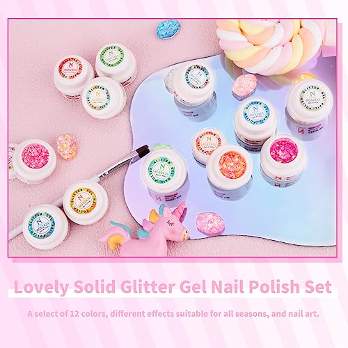 Glitter Gel Nail Polish Set -12 Colors Sparkle Sequins Gel Polish Resplendent Colorful Trendy Translucent Glitter Solid Nail Polish Kit Soak Off UV LED for Home DIY Salon with Brush