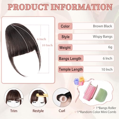 Bangs Hair Clip - Brown Black Clip in Bangs Real Human Hair, Fake Bangs Clip on Bangs for Women Fringe with Temples Wispy Bangs Hair Extensions for Daily Wear