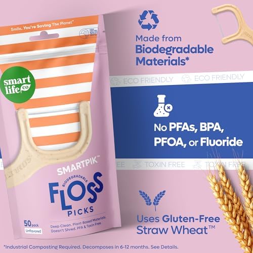 SmartLifeco Biodegradable* Dental Floss Picks - Eco-Friendly Tooth Flosser for Adults & Kids | Straw Wheat Unwaxed Floss | Toothpick Stick Soft On Gum & Teeth | Compostable*, Vegan, Unflavored 200ct