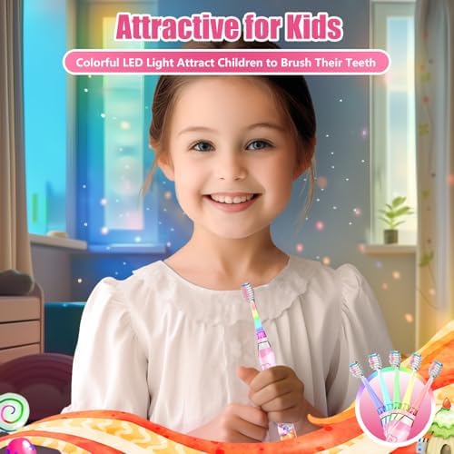Kids Electric Toothbrush Toddler Toothbrush Age 2-4-8-12 Electric Toothbrush Kids with Timer Rainbow LED Light Up Vibrating Toothbrush Battery Operated Childrens Girls Sonic Tooth Brush (Pink Unicorn)