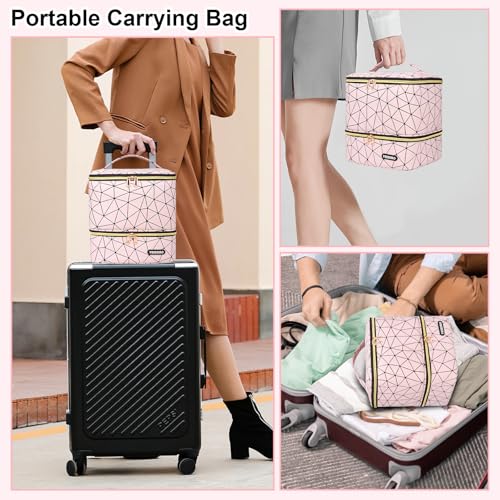 Nail Polish Organizer Bag Holds 30 Bottles (15ml/0.5 fl.oz)& Nail Lamp, Portable Travel Nail Kit Storage Carrying Case, Double Layer Nail Supplies Holder Bag PU Leather Women (Baby Pink)