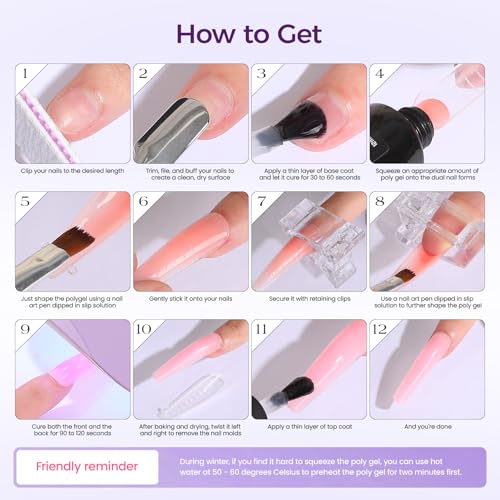 Poly Gel Nail Kit: 14 PCS PolyGel with Slip Solution Mini U V Nail Light Poly Gel Kit for Beginners with Everything Extension