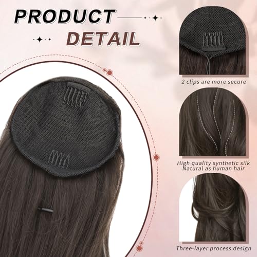 Ponytail Extension, Drawstring Ponytail Extension for Women 26 Inch Long Dark Brown Wavy Layered Pony Tails Hair Extensions Synthetic Clip in Ponytail Hairpiece for Women