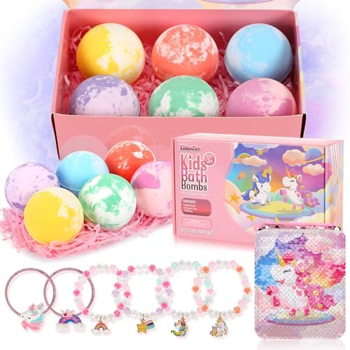Unicorn Bath Bombs for Kids with Surprise Inside, 6 Pcs Oversized Handmade Bath Bombs with Jewelry Toys & Cross-Body Bag, Gift for Girls Aged 3-12, Christmas, Birthday