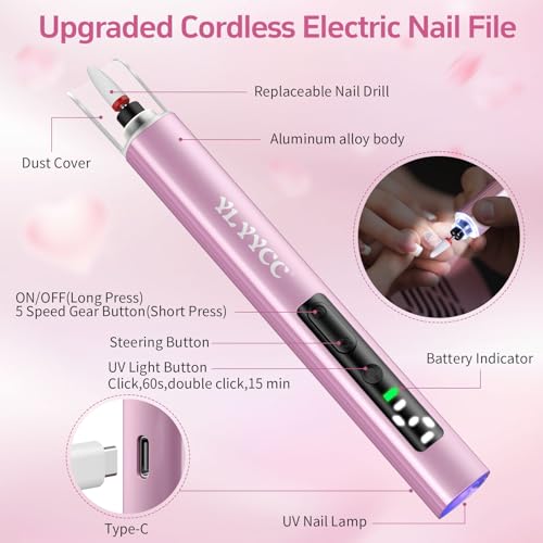 Cordless Nail Drill Electric File with UV Nail Lamp: Professional for Acrylic Gel Dip Powder Nails Portable Nail Drill Machine Kit for Manicure Pedicure Nail Set Rechargeable Lightweight