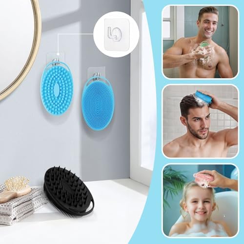 Soft Silicone Body Scrubber 4PCS, 2-in-1 Bath & Shampoo Brush with Dual-Side Usage, Hygienic Silicone Loofah Shower Scrubber for Gentle Exfoliating & Good Lathering(Black/Pink/Blue*2)