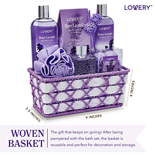 Bath and Body Gift Basket For Women and Men, Honey Lavender Home Spa Set with Essential Oil Diffuser, Soap Flowers, Bath Salts, Bubble Bath & More - 13 Piece Set, Presents for Mom