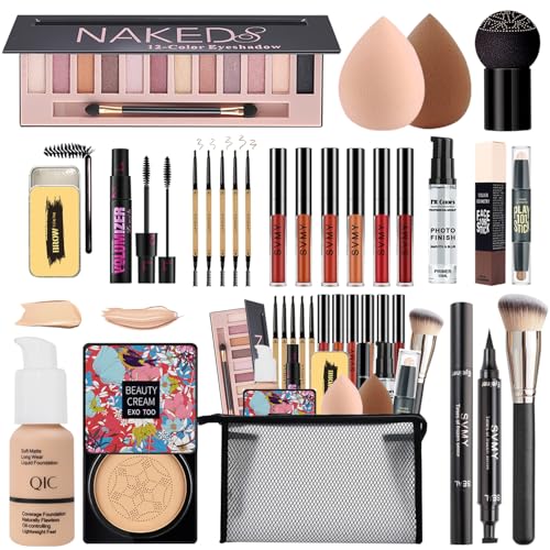 All in One Makeup Kit, 12 Colors Eyeshadow, Foundation & Primer, CC Cream, Lipsticks, Mascara, Makeup Brush & Sponge, Brow Pencil & Soap, Eyeliner, Contour Stick, Cosmetics Bag