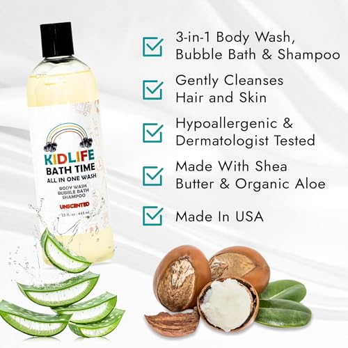 Kidlife Natural Bath Time 3 In 1 Shea & Organic Aloe Body Wash- No Phenoxyethanol Unscented 15 Oz. Kids Head to Toe All in one Bath and body Soap. Bubble Bath, Bodywash and Shampoo by KJ3 Essentials
