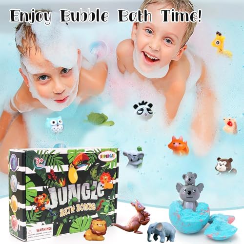 Bath Bombs for Kids With Surprise Jungle Toys Inside, 12-Pack Organic Bubble Bath With Magic Bathbombs, Birthday Gifts for Boys