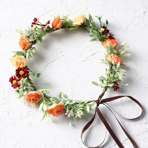 Floral Crown Women Girls - Orange Boho Floral Headpiece with White Green Leaves Charming Fairy Flower Headband for Wedding Photo Shoot Festivals