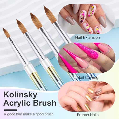 4PCS Kolinsky Nail Brush Set - 6/8/12/16. Oval Shaped Acrylic Powder Nail Design Tools for Professional Manicure DIY