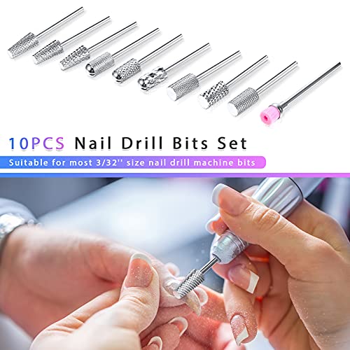 Honoson 10 Pcs Nail Drill Bits Set, 3/32 Inch Cuticle Tungsten Carbide Bits for Nail Tech, File Remove Acrylic Gel Polish, Manicure Pedicure Tools for Salon Home Supplies(Silver)