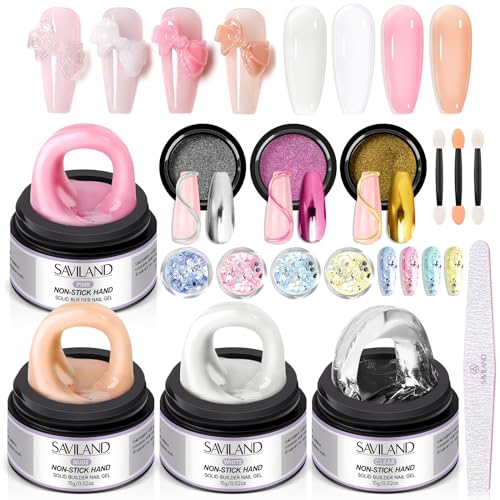 SAVILAND Non Sticky Solid Builder Nail Gel Kit: 4 Color Long-lasting Clear Nude White Pink Solid Hard Gel with Chrome Nail Powder for Nail Extension 3D Sculpting Nail Art Starter Kit DIY Home Salon