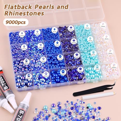 9000PCS Flatback Pearls and Rhinestones for Crafting, Dark Blue 3-10mm Resin Rhinestones and Half Pearls for Bedazzling, Nail Art and Dec with 3pcs B7000 Jewelry Glue, Tweezer and Pickup Pencil