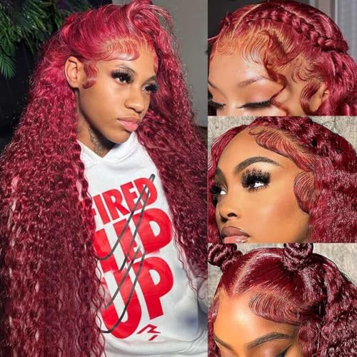 99j Burgundy Wig Human Hair 13x6 Deep Wave Lace Front Wigs Human Hair 180 Density Red Colored Wigs Human Hair for Black Women Burgundy Deep Curly Lace Frontal Wigs (30 Inch)