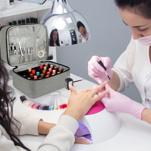 Nail Polish Organizer Bag, Double-Layer Nail Supplies Organizer Holds 30 Bottles & Nail Lamp, Professional Nail Kit Storage Carrying Case (Gray)