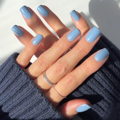 Glamnetic Press On Nails - Cashmere Blue | Opaque Soft Pale Blue Short Squoval False Nails, Reusable Stick On Fake Nails with Glue | Salon Quality | 15 Sizes - 30 Nail Kit