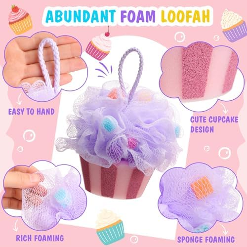 4 Pcs Cupcake Bath Loofah Sponge Cartoon Body Scrubber Loofah Soft Mesh Exfoliating Bath Scrubber Shower Ball for Shower Sponge Gifts Exchange Birthday Party
