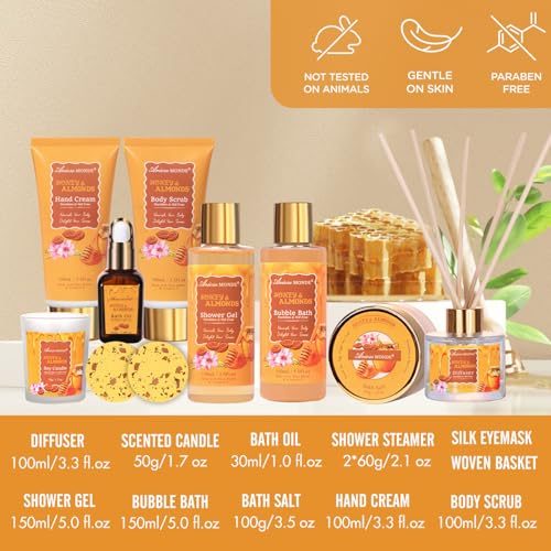 Gift Baskets for Women, Bath and Body Gift Set for her with 13pcs Honey Almond Scented Spa Gifts for Women, Bath Sets Includes Scented Candle, Shower Steamer, Bubble Bath, Bath Salt. Mothers Day Gifts