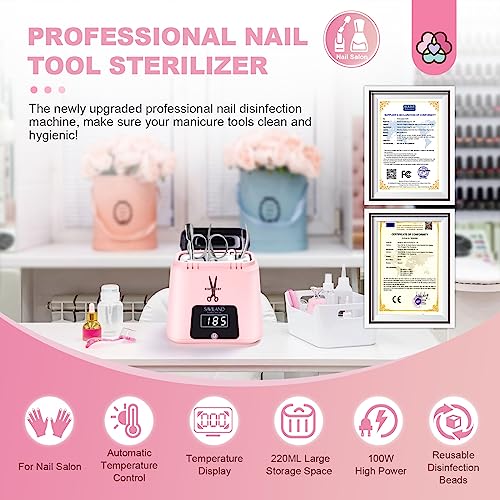 SAVILAND Nail Tool Sterilizer Electric: High-Temperature 365℉ Sterilizer for Nail Tools Portable Pink Nail Sterilizer with Glass Beads to Sterilize Any Metal Tools Salon & Esthetician Supplies