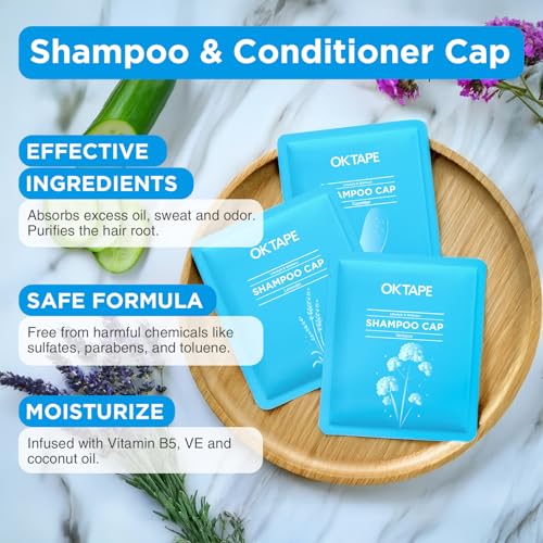 OK TAPE No Water Shampoo Caps (6 Pack) 3 Scents, Rinse Free Shower Cap for Elderly, After Surgery, Camping, Shampoo and Conditioner Hair Wash Cap (Lavender, Verbena and Cucumber Scents)