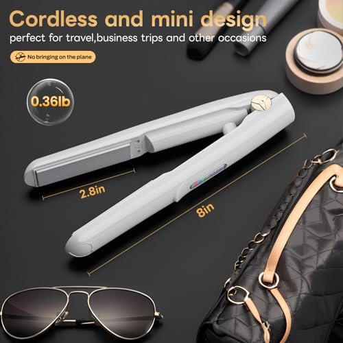 Cordless Hair Straightener and Curler 2 in 1 Ceramic Flat Iron Mini Cordless Portable Travel Hot Tools Straight Curl for Women Men USB Rechargeable with Pouch (White)
