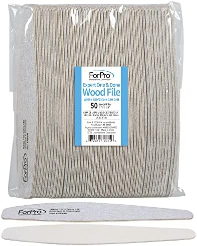 ForPro Professional Collection Expert One & Done Wood File, White 150 Grit/Zebra 180 Grit, Manicure & Pedicure Nail Files, 7” L x 1.25“ W, 50-Count