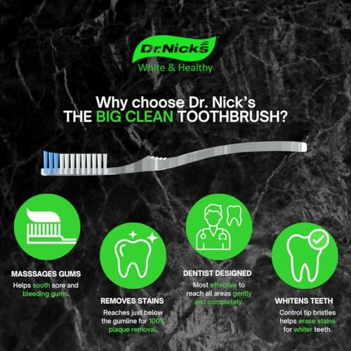 Dr. Nicks White & Healthy The Big Clean Large Toothbrush Medium Soft - Bulk Toothbrushes (4 Pack) - Dentist Designed Deep Gum Toothbrush - Large Head Medium Soft Toothbrushes for Adults