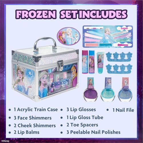Disney Frozen Train Case Beauty Set, Kids Makeup Kit for Girls, Real Washable Makeup Set, Play Makeup, Party Favor, Birthday, Ages 3 4 5 6 7 8 9 10 11 12 by Townley Girl