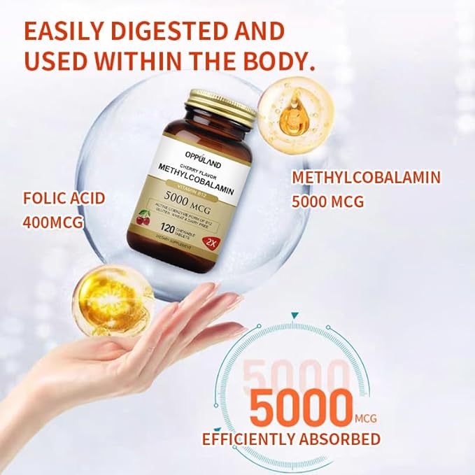 Methyl B-12 5000mcg Chewable with Folate - Vitamin B12 Methylcobalamin Sublingual Tablets - Supports Energy & Brain Function - Vegan Supplement - Cherry Flavor - 120 Count